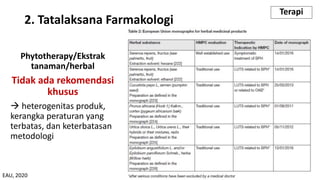 Phytotherapy/Ekstrak
tanaman/herbal
Tidak ada rekomendasi
khusus
à heterogenitas produk,
kerangka peraturan yang
terbatas, dan keterbatasan
metodologi
2. Tatalaksana Farmakologi
Terapi
EAU, 2020
 