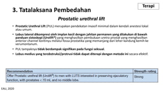 Prostatic urethral lift
• Prostatic Urethral Lift (PUL) merupakan pendekatan invasif minimal dalam kendali anestesi lokal
atau umum.
• Lobus lateral dikompresi oleh implan kecil dengan jahitan permanen yang dilakukan di bawah
panduan sistoskopi (Urolift®) yang menghasilkan pembukaan uretra prostat yang menghasilkan
anterior channel kontinyu melalui fossa prostatika yang memanjang dari leher kandung kemih ke
verumontanum.
• PUL tampaknya tidak berdampak signifikan pada fungsi seksual.
• Lobus medius yang terobstruksi/protrusi tidak dapat diterapi dengan metode ini secara efektif.
3. Tatalaksana Pembedahan
Terapi
EAU, 2020
 