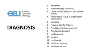 DIAGNOSIS
1. Anamnesis
2. Kuesioner yang tervalidasi
3. Grafik volume frekuensi, dan bladder
diaries
4. Pemeriksaan fisik, dan digital-rectal
examination
5. Urinalisis
6. Prostate Specific Antigen
7. Renal Function Measurement
8. Post Voiding Residual
9. Uroflowmetri
10. Imaging
11. Urodinamik
12. Urethrocystoscopy
13. Non-invasive test
 