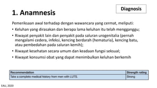 Diagnosis
Pemeriksaan awal terhadap dengan wawancara yang cermat, meliputi:
• Keluhan yang dirasakan dan berapa lama keluhan itu telah mengganggu;
• Riwayat penyakit lain dan penyakit pada saluran urogenitalia (pernah
mengalami cedera, infeksi, kencing berdarah (hematuria), kencing batu,
atau pembedahan pada saluran kemih);
• Riwayat kesehatan secara umum dan keadaan fungsi seksual;
• Riwayat konsumsi obat yang dapat menimbulkan keluhan berkemih
1. Anamnesis
EAU, 2020
 