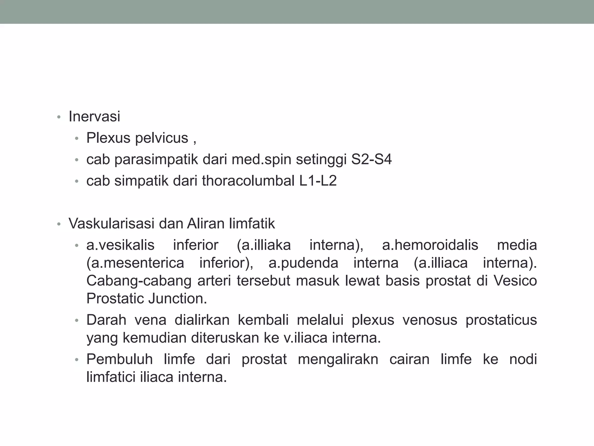 • Inervasi
• Plexus pelvicus ,
• cab parasimpatik dari med.spin setinggi S2-S4
• cab simpatik dari thoracolumbal L1-L2
• Vaskularisasi dan Aliran limfatik
• a.vesikalis inferior (a.illiaka interna), a.hemoroidalis media
(a.mesenterica inferior), a.pudenda interna (a.illiaca interna).
Cabang-cabang arteri tersebut masuk lewat basis prostat di Vesico
Prostatic Junction.
• Darah vena dialirkan kembali melalui plexus venosus prostaticus
yang kemudian diteruskan ke v.iliaca interna.
• Pembuluh limfe dari prostat mengalirakn cairan limfe ke nodi
limfatici iliaca interna.
 