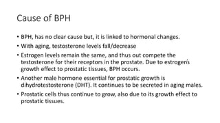 Cause of BPH
• BPH, has no clear cause but, it is linked to hormonal changes.
• With aging, testosterone levels fall/decrease
• Estrogen levels remain the same, and thus out compete the
testosterone for their receptors in the prostate. Due to estrogen̕s
growth effect to prostatic tissues, BPH occurs.
• Another male hormone essential for prostatic growth is
dihydrotestosterone (DHT). It continues to be secreted in aging males.
• Prostatic cells thus continue to grow, also due to its growth effect to
prostatic tissues.
 