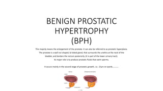 BENIGN PROSTATIC
HYPERTROPHY
(BPH)
This majorly means the enlargement of the prostate. It can also be referred to as prostatic hyperplasia.
The prostate is a wall nut shaped, bi-lobed gland, that surrounds the urethra at the neck of the
bladder, and borders the rectum posteriorly. (it is part of the lower urinary tract).
Its major role is to produce prostatic fluids that swim sperms.
It occurs mainly in the second stage of prostatic growth, i.e.: 21yrs on wards…………
 