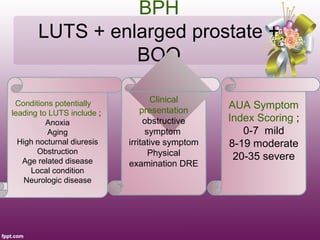 BPH
       LUTS + enlarged prostate +
                 BOO

 Conditions potentially            Clinical
                                presentation
                                                 AUA Symptom
leading to LUTS include ;
          Anoxia                 obstructive     Index Scoring ;
          Aging                   symptom           0-7 mild
  High nocturnal diuresis   irritative symptom   8-19 moderate
       Obstruction                 Physical
   Age related disease                            20-35 severe
                            examination DRE
      Local condition
    Neurologic disease
 