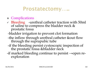  Complications 
 Bleeding -urethral catheter traction with 50ml 
of saline to compress the bladder neck & 
prostatic fos...