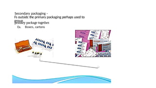 Secondary packaging -
Fs outsidc the primary packaging perhaps used to
group
primary package together.
Ex. Boxes, cartons
 