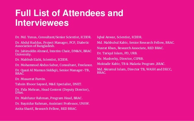 Full List of Attendees and
Interviewees
Dr. Md. Yunus, Consultant/Senior Scientist, ICDDR.
Dr. Abdul Kuddus, Project Manag...