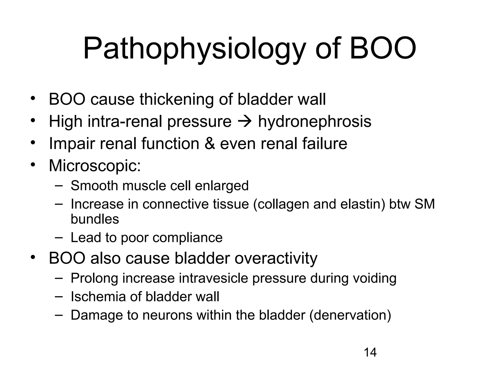 14
Pathophysiology of BOO
• BOO cause thickening of bladder wall
• High intra-renal pressure  hydronephrosis
• Impair renal function & even renal failure
• Microscopic:
– Smooth muscle cell enlarged
– Increase in connective tissue (collagen and elastin) btw SM
bundles
– Lead to poor compliance
• BOO also cause bladder overactivity
– Prolong increase intravesicle pressure during voiding
– Ischemia of bladder wall
– Damage to neurons within the bladder (denervation)
 
