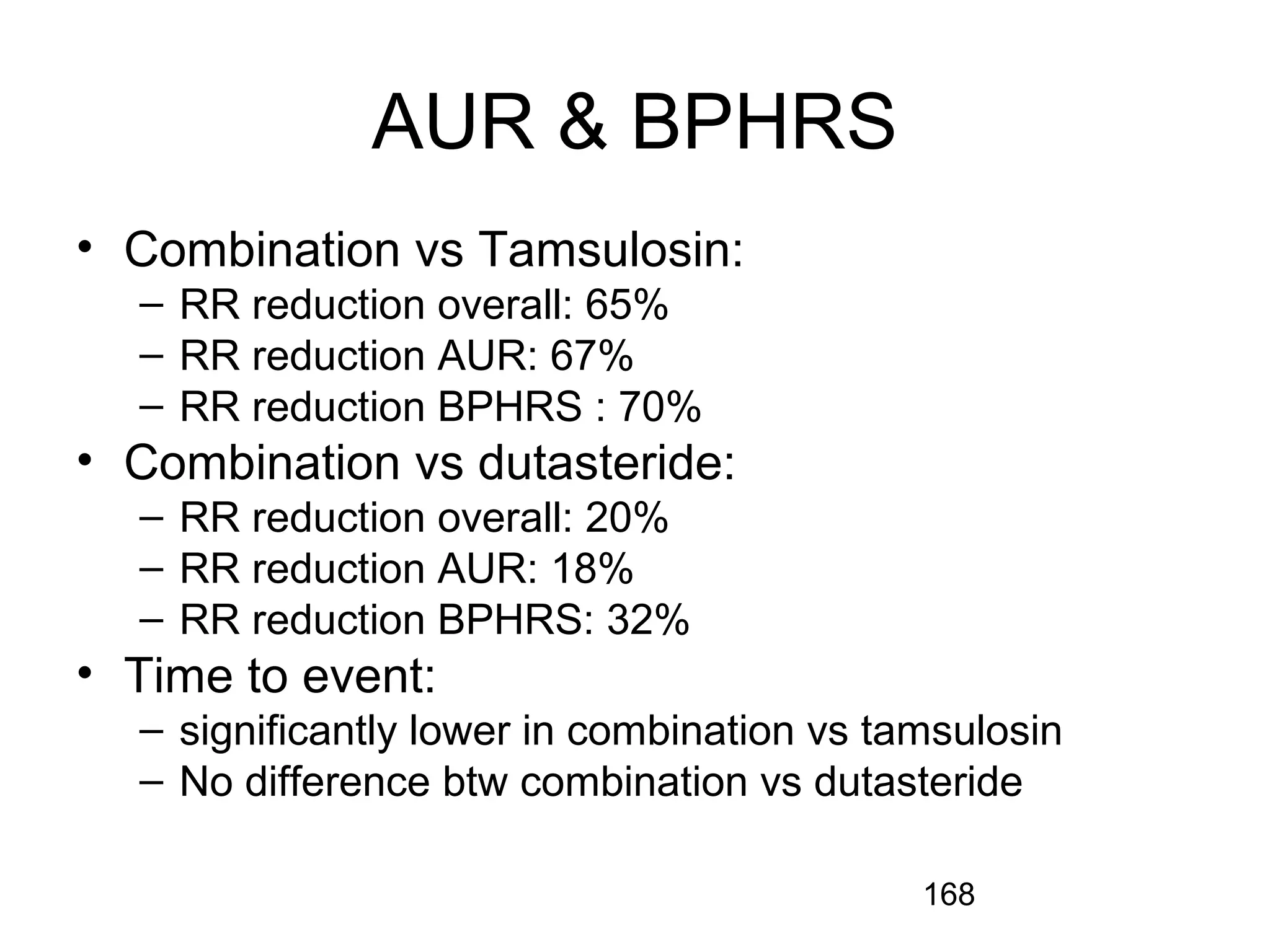 168
AUR & BPHRS
• Combination vs Tamsulosin:
– RR reduction overall: 65%
– RR reduction AUR: 67%
– RR reduction BPHRS : 70%
• Combination vs dutasteride:
– RR reduction overall: 20%
– RR reduction AUR: 18%
– RR reduction BPHRS: 32%
• Time to event:
– significantly lower in combination vs tamsulosin
– No difference btw combination vs dutasteride
 