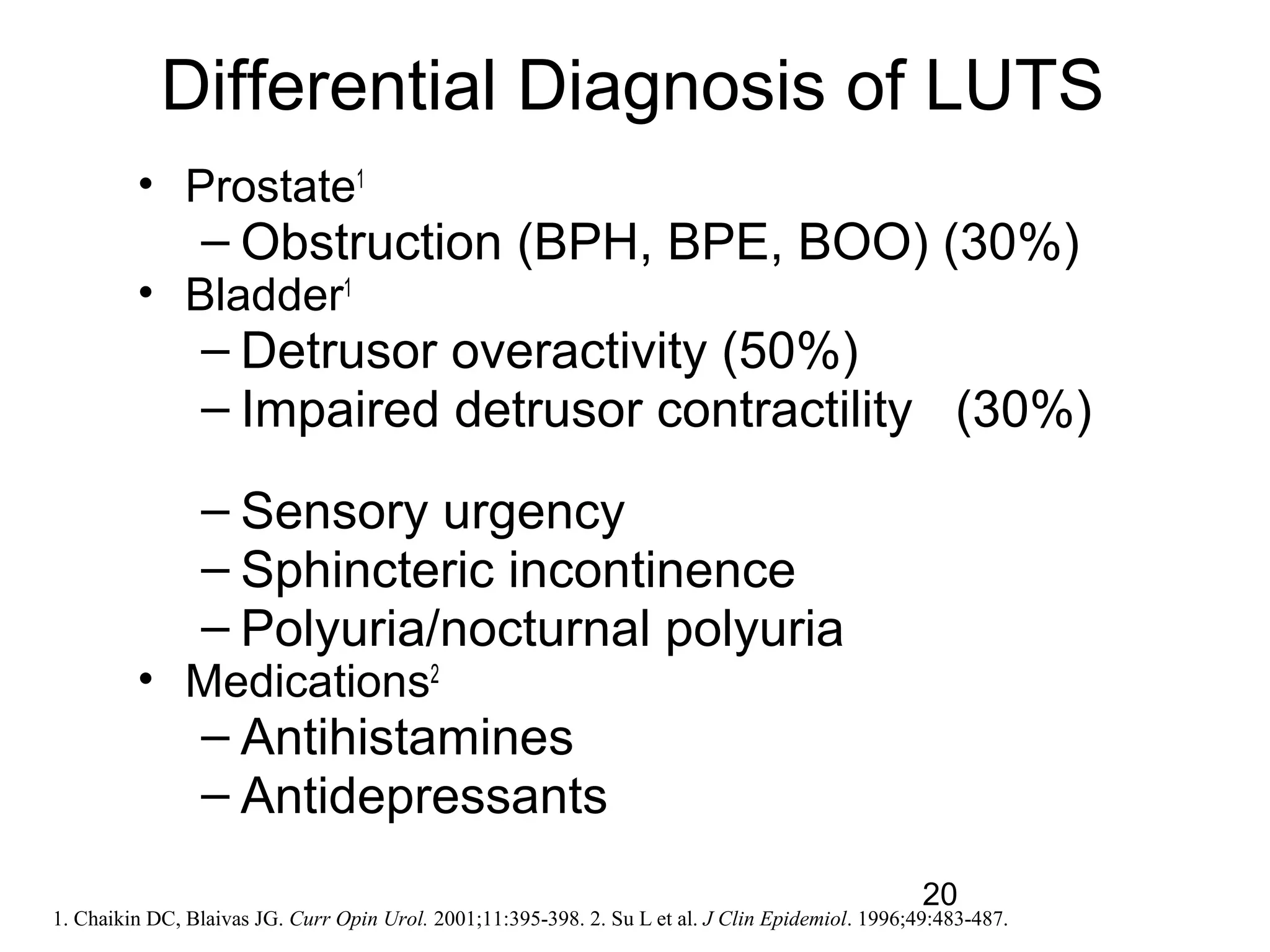 20
Differential Diagnosis of LUTS
• Prostate1
– Obstruction (BPH, BPE, BOO) (30%)
• Bladder1
– Detrusor overactivity (50%)
– Impaired detrusor contractility (30%)
– Sensory urgency
– Sphincteric incontinence
– Polyuria/nocturnal polyuria
• Medications2
– Antihistamines
– Antidepressants
1. Chaikin DC, Blaivas JG. Curr Opin Urol. 2001;11:395-398. 2. Su L et al. J Clin Epidemiol. 1996;49:483-487.
 