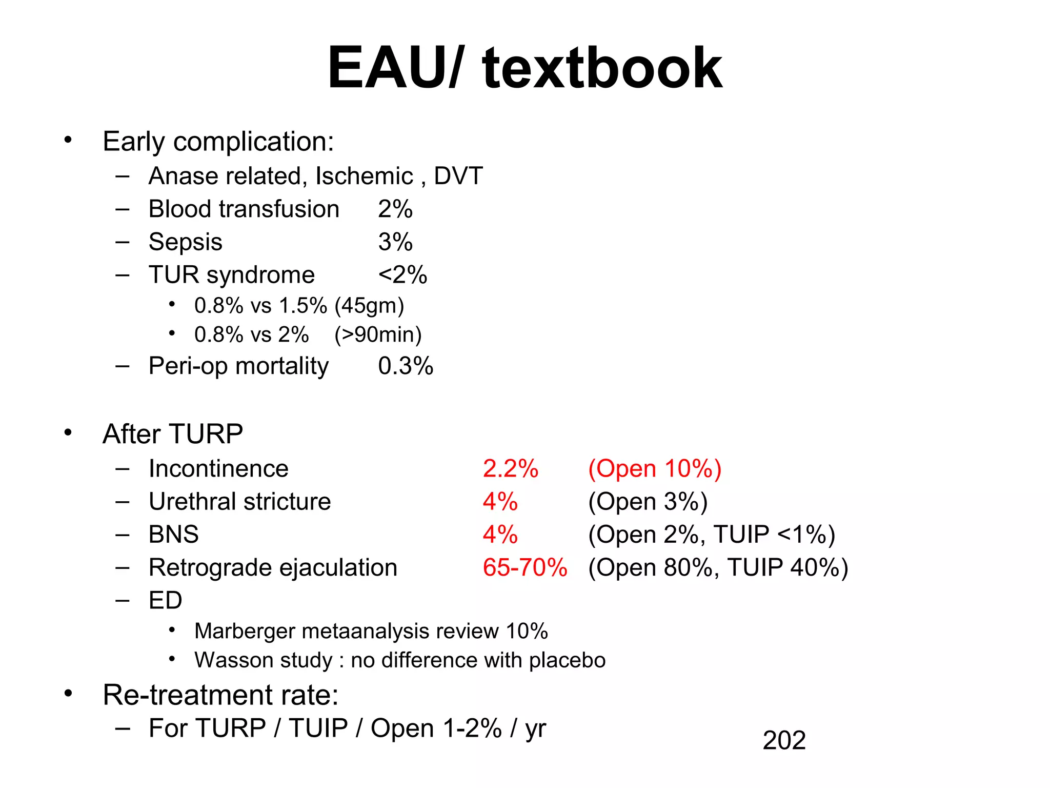 202
EAU/ textbook
• Early complication:
– Anase related, Ischemic , DVT
– Blood transfusion 2%
– Sepsis 3%
– TUR syndrome <2%
• 0.8% vs 1.5% (45gm)
• 0.8% vs 2% (>90min)
– Peri-op mortality 0.3%
• After TURP
– Incontinence 2.2% (Open 10%)
– Urethral stricture 4% (Open 3%)
– BNS 4% (Open 2%, TUIP <1%)
– Retrograde ejaculation 65-70% (Open 80%, TUIP 40%)
– ED
• Marberger metaanalysis review 10%
• Wasson study : no difference with placebo
• Re-treatment rate:
– For TURP / TUIP / Open 1-2% / yr
 