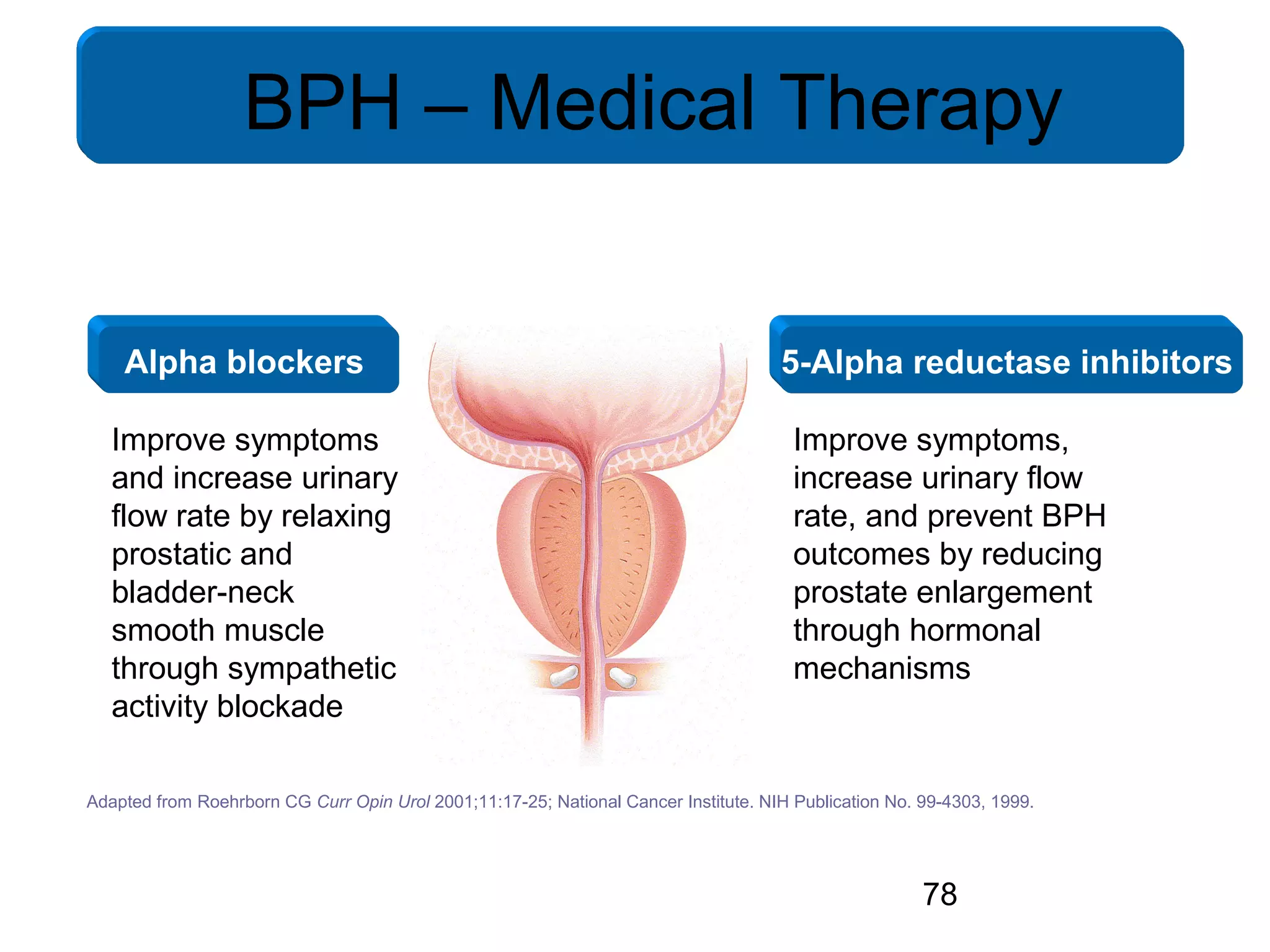 78
BPH – Medical Therapy
Adapted from Roehrborn CG Curr Opin Urol 2001;11:17-25; National Cancer Institute. NIH Publication No. 99-4303, 1999.
Alpha blockers 5-Alpha reductase inhibitors
Improve symptoms
and increase urinary
flow rate by relaxing
prostatic and
bladder-neck
smooth muscle
through sympathetic
activity blockade
Improve symptoms,
increase urinary flow
rate, and prevent BPH
outcomes by reducing
prostate enlargement
through hormonal
mechanisms
 