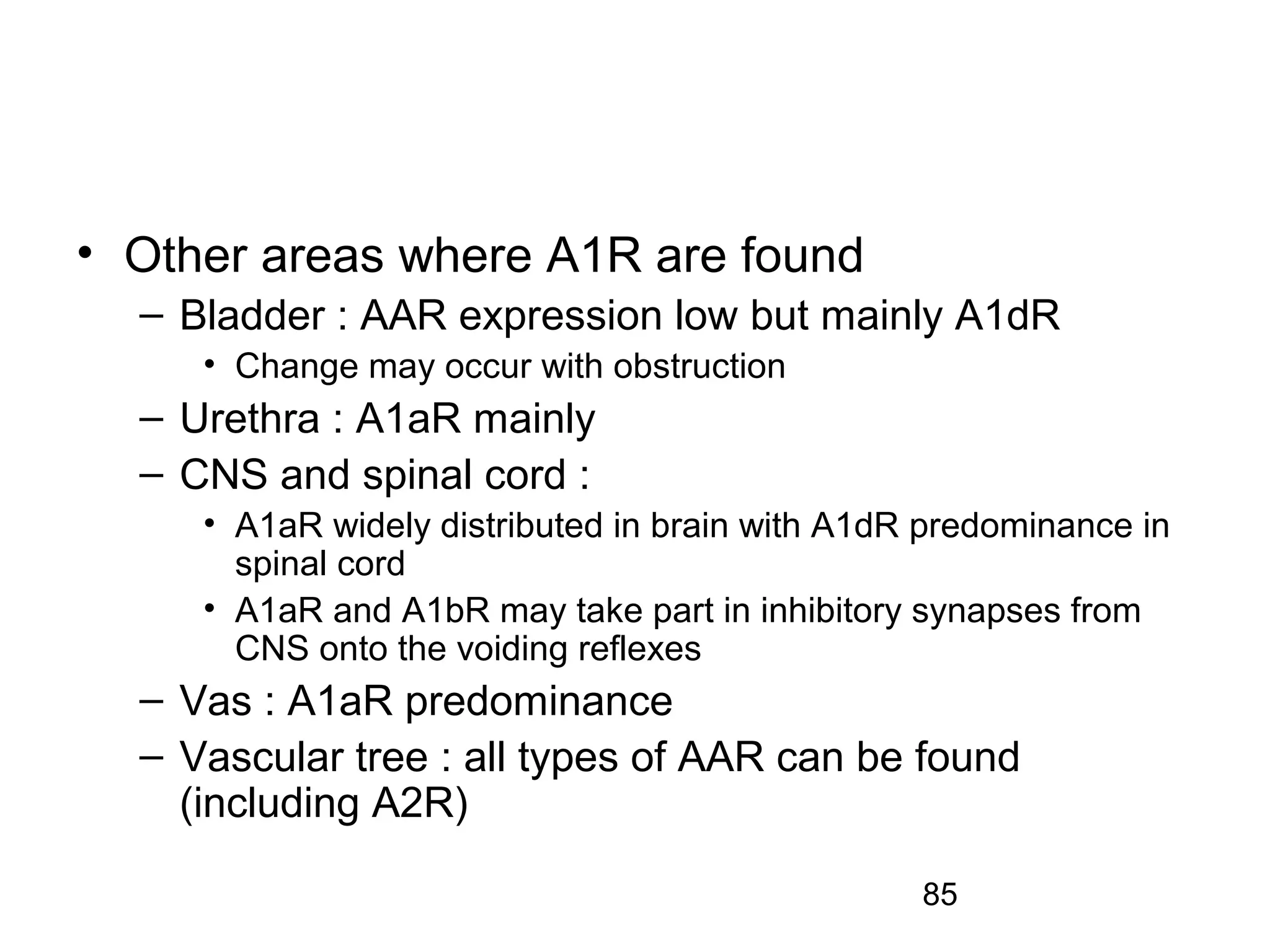 85
• Other areas where A1R are found
– Bladder : AAR expression low but mainly A1dR
• Change may occur with obstruction
– Urethra : A1aR mainly
– CNS and spinal cord :
• A1aR widely distributed in brain with A1dR predominance in
spinal cord
• A1aR and A1bR may take part in inhibitory synapses from
CNS onto the voiding reflexes
– Vas : A1aR predominance
– Vascular tree : all types of AAR can be found
(including A2R)
 