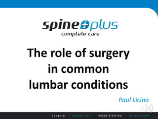 The role of surgery
in common
lumbar conditions
Paul Licina
 