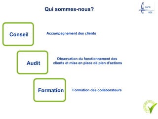 Qui sommes-nous?
Accompagnement des clients
Observation du fonctionnement des
clients et mise en place de plan d’actions
Formation des collaborateurs
Audit
Formation
Conseil
 