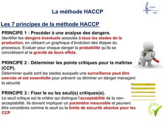 La méthode HACCP
PRINCIPE 1 : Procéder à une analyse des dangers.
Identifier les dangers éventuels associés à tous les stades de la
production, en utilisant un graphique d’évolution des étapes du
processus. Evaluer pour chaque danger la probabilité qu’ils se
concrétisent et la gravité de leurs effets.
PRINCIPE 2 : Déterminer les points critiques pour la maîtrise
(CCP).
Déterminer quels sont les stades auxquels une surveillance peut être
exercée et est essentielle pour prévenir ou éliminer un danger menaçant
la sécurité
PRINCIPE 3 : Fixer le ou les seuil(s) critiques(s).
Le seuil critique est le critère qui distingue l’acceptabilité de la non-
acceptabilité. Ils doivent impliquer un paramètre mesurable et peuvent
être considérés comme le seuil ou la limite de sécurité absolue pour les
CCP
Les 7 principes de la méthode HACCP
21
 