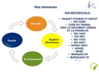 Nos domaines
NOS REFERENTIELS :
ü PAQUET HYGIENE ET HACCP
ü ISO 22000
ü CODE DU TRAVAIL
AVEC LE DOCUMENT UNIQUE
ET LA PENIBILITE
ü ISO 14001
ü ISO 9001
ü ISO 17025
ü ISO 45011
ü OHSAS 18001,
ü GEHSE,
ü MASE,
ü MARQUES NF
ü MARQUAGE CE
ü …
Qualité
Sécurité
Environnement
Hygiène
Alimentaire
 