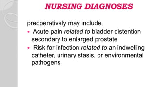 NURSING DIAGNOSES
preoperatively may include,
 Acute pain related to bladder distention
secondary to enlarged prostate
 Risk for infection related to an indwelling
catheter, urinary stasis, or environmental
pathogens
 