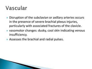  Disruption of the subclavian or axillary arteries occurs
in the presence of severe brachial plexus injuries,
particularly with associated fractures of the clavicle.
 vasomotor changes: dusky, cool skin indicating venous
insufficiency.
 Assesses the brachial and radial pulses.
 