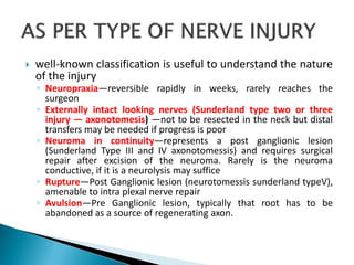  well-known classification is useful to understand the nature
of the injury
◦ Neuropraxia—reversible rapidly in weeks, rarely reaches the
surgeon
◦ Externally intact looking nerves (Sunderland type two or three
injury — axonotomesis) —not to be resected in the neck but distal
transfers may be needed if progress is poor
◦ Neuroma in continuity—represents a post ganglionic lesion
(Sunderland Type III and IV axonotomessis) and requires surgical
repair after excision of the neuroma. Rarely is the neuroma
conductive, if it is a neurolysis may suffice
◦ Rupture—Post Ganglionic lesion (neurotomessis sunderland typeV),
amenable to intra plexal nerve repair
◦ Avulsion—Pre Ganglionic lesion, typically that root has to be
abandoned as a source of regenerating axon.
 