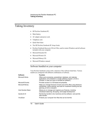 Introducing the Pavilion Notebook PC
Taking Inventory
10 User's Guide
Taking Inventory
• HP Pavilion Notebook PC.
• Main battery.
• AC adapter and power cord.
• Telephone cord.
• Quick Start sheet.
• The HP Pavilion Notebook PC Setup Guide.
• Pavilion Notebook Recovery CD (or CDs), used to restore Windows and all software
included with your computer.
• Microsoft Encarta CD.
• Microsoft Works CD.
• Microsoft Money CD.
• Microsoft Windows manual.
Software bundled on your computer
Your Pavilion Notebook comes with a selection of the software listed here. Various
models are configured with different combinations of software.
Software Function
Microsoft Works Offers word processing, spreadsheet, database, and calendar
applications, all contained in a single software program. (A CD is
included, in case you have to reinstall the software.)
Microsoft Encarta Provides access to a CD-based encyclopedia.
Microsoft Money Helps you manage finances at home and at the office using electronic
checkbooks, online banking, and tools for investment tracking and tax
planning. (A CD is included.)
Intuit Quicken Basic Allows you to manage and organize your finances, including
checkbook balancing, bill paying, and budget development.
QuickLink III Permits fax transfer to fax machines and fax software—and permits
data transfer.
VirusScan Protects your computer from files that can be harmful.
 