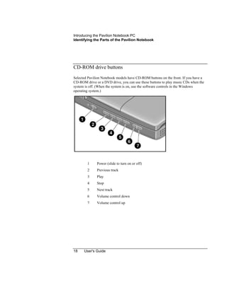 Introducing the Pavilion Notebook PC
Identifying the Parts of the Pavilion Notebook
18 User's Guide
CD-ROM drive buttons
Selected Pavilion Notebook models have CD-ROM buttons on the front. If you have a
CD-ROM drive or a DVD drive, you can use these buttons to play music CDs when the
system is off. (When the system is on, use the software controls in the Windows
operating system.)
1 Power (slide to turn on or off)
2 Previous track
3 Play
4 Stop
5 Next track
6 Volume control down
7 Volume control up
 