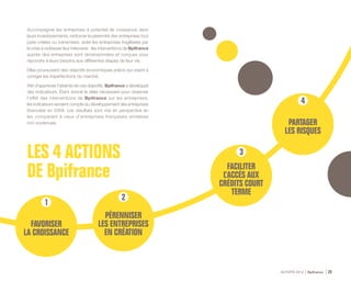 ACTIVITÉ 2014 Bpifrance 25
Accompagner les entreprises à potentiel de croissance dans
leurs investissements, renforcer la pérennité des entreprises tout
juste créées ou transmises, aider les entreprises fragilisées par
la crise à redresser leur trésorerie : les interventions de Bpifrance
auprès des entreprises sont dimensionnées et conçues pour
répondre à leurs besoins aux différentes étapes de leur vie.
Elles poursuivent des objectifs économiques précis qui visent à
corriger les imperfections du marché.
Afin d’apprécier l’atteinte de ces objectifs, Bpifrance a développé
des indicateurs. Étant donné le délai nécessaire pour observer
l’effet des interventions de Bpifrance sur les entreprises,
les indicateurs rendent compte du développement des entreprises
financées en 2009. Les résultats sont mis en perspective en
les comparant à ceux d’entreprises françaises similaires
non soutenues.
2
PÉRENNISER
LES ENTREPRISES
EN CRÉATION
3
FACILITER
L’ACCÈS AUX
CRÉDITS COURT
TERME
4
PARTAGER
LES RISQUES
LES 4 ACTIONS
DE Bpifrance
1
FAVORISER
LA CROISSANCE
 