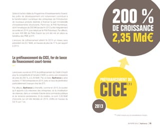 ACTIVITÉ 2014 Bpifrance 45
Grâce à l’action ciblée du Programme d’investissements d’avenir,
les prêts de développement ont notamment contribué à
la transformation numérique des entreprises via l’introduction
de nouveaux produits destinés à financer la part immatérielle
d’investissements structurants. Parmi eux, le Prêt Numérique,
dont l’enveloppe de 300 M€ lancée fin 2013 a été intégralement
accordée en 2014, puis relayé par le Prêt Robotique. Par ailleurs,
ce sont 400 M€ de Prêts Export qui ont été mis en place au
bénéfice des PME et ETI.
L’encours de cofinancement atteint fin 2014 un niveau sans
précédent de 20,7 Md€, en hausse de plus de 17 % par rapport
à 2013.
Le préfinancement du CICE, fer de lance
du financement court-terme
Lancé avec succès en 2013, le préfinancement du Crédit d’impôt
pour la compétitivité et l'emploi ( CICE ) a connu une croissance
de près de 200 %, à 2,35 Md€. Par ce biais, Bpifrance a ainsi
soutenu 17 564 entreprises en 2014, avec un taux de pénétration
particulièrement marqué chez les ETI.
Par ailleurs, Bpifrance a intensifié, comme en 2013, le soutien
qu’il apporte à la trésorerie des entreprises via la mobilisation
de créances, dans un contexte d’atonie de la commande publique
et de tensions persistantes. En la matière, ce sont 3,56 Md€
d’accords qui ont été décidés en 2014, chiffre en hausse de
9,6 % sur 1 an.
2013
(1) Crédit d'impôt pour la compétitivité et l'emploi.
 