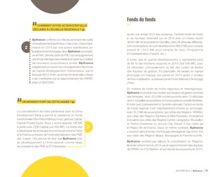 ACTIVITÉ 2014 Bpifrance 71
3
2
COMMENTVOTREACTIONS’EST-ELLE
DÉCLINÉEÀL’ÉCHELLERÉGIONALE?
Bpifrance confirme son rôle de partenaire des outils
d’investissementterritoriaux.Celas’est,notamment,
traduit en 2014 par une action significative sur
lesegmentdel’amorçage.Ainsi,Bpifranceapoursuivi,
via le FNA, dans le cadre du PIA, l’accompagnement
desfondsinterrégionauxexistantsetayantsumobiliser
de nouveaux souscripteurs privés. Bpifrance
a également poursuivi l’accompagnement des fonds
de capital développement / transmission, parmi
lesquels IXO 3. Enfin, la recherche de la taille critique
s’est manifestée par le rapprochement de l’IRPAC
avec UI GESTION.
UNMOMENTFORTDECETTEANNÉE?
La concrétisation de notre partenariat avec la China
Development Bank a permis la naissance du fonds
transfrontalierSinoFrenchMidcapFund,géréparCathay
Capital Private Equity. Nous y avons apporté 100 M€
à parité avec CDB Capital ( sur 500 M€ ). Le fonds vise
à développer les échanges économiques entre la Chine
et la France au travers de l’internationalisation des PME
des 2 pays. Une preuve de plus que Bpifrance croit
au développement à l’international comme relais
de croissance des PME et ETI françaises !
Fonds de fonds
Après une année 2013 très soutenue, l’activité fonds de fonds
a, de nouveau, fortement cru en 2014 avec un niveau record
de 641 M€ de souscriptions nouvelles, dans 39 véhicules différents.
Ces souscriptions se sont réparties entre 466,8 M€ pour compte
propre et 174,2 M€ pour compte de tiers ( Programme
d’investissements d’avenir, etc. ).
À noter que le capital développement a représenté plus
de 85 % des montants souscrits en 2014 ( soit 548 M€ ), pour
24 véhicules, principalement du fait des cycles de levées
des équipes de gestion. En particulier, les levées en capital
amorçage ont marqué une pause en 2014 après 2 années
de forte mobilisation, soutenues par le Fonds National d’Amorçage
( FNA ).
En matière de fonds de fonds régionaux et interrégionaux,
Bpifrance a poursuivi son soutien aux équipes de gestion proches
des territoires ; ainsi, 53,5 M€ ont été souscrits dans 10 véhicules
dont 2 nouvelles souscriptions et 8 souscriptions complémentaires.
À noter que, contrairement à l’activité nationale, l’action en fonds
de fonds régional s’est majoritairement inscrite en amorçage,
avec 32,7 M€ de souscriptions, aux côtés des Régions : IRDINov
aux côtés des Régions Aquitaine et Midi-Pyrénées, Emergence
Innovation aux côtés des Régions Centre, Languedoc-Roussillon
et Poitou-Charentes ou encore Cap Décisif 3 aux côtés de
la Région Île-de-France. Dans ce même contexte, Bpifrance
a souscrit dans le fonds d’amorçage interrégional Cap Innov' Est
aux côtés des Régions Alsace, Bourgogne et Franche-Comté.
Bpifrance soutient par ailleurs la consolidation en Régions,
illustrée notamment en 2014 par le rapprochement des équipes
de l’IRPAC et d’UI Gestion, et qui devrait se poursuivre en 2015.
 