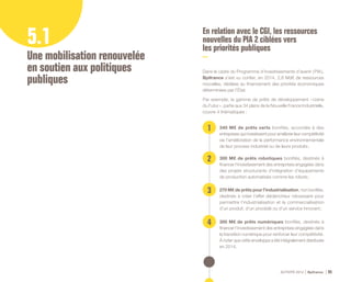 ACTIVITÉ 2014 Bpifrance 95
5.1
Une mobilisation renouvelée
en soutien aux politiques
publiques
En relation avec le CGI, les ressources
nouvelles du PIA 2 ciblées vers
les priorités publiques
Dans le cadre du Programme d’investissements d’avenir ( PIA ),
Bpifrance s’est vu confier, en 2014, 2,8 Md€ de ressources
nouvelles, dédiées au financement des priorités économiques
déterminées par l’État.
Par exemple, la gamme de prêts de développement « Usine
du Futur », partie aux 34 plans de la Nouvelle France Industrielle,
couvre 4 thématiques :
1
2
3
4
340 M€ de prêts verts bonifiés, accordés à des
entreprises qui investissent pour améliorer leur compétitivité
via l’amélioration de la performance environnementale
de leur process industriel ou de leurs produits ;
300 M€ de prêts robotiques bonifiés, destinés à
financer l’investissement des entreprises engagées dans
des projets structurants d’intégration d’équipements
de production automatisés comme les robots ;
270 M€ de prêts pour l’industrialisation, non bonifiés,
destinés à créer l’effet déclencheur nécessaire pour
permettre l’industrialisation et la commercialisation
d’un produit, d’un procédé ou d’un service innovant ;
300 M€ de prêts numériques bonifiés, destinés à
financer l’investissement des entreprises engagées dans
la transition numérique pour renforcer leur compétitivité.
À noter que cette enveloppe a été intégralement distribuée
en 2014.
 