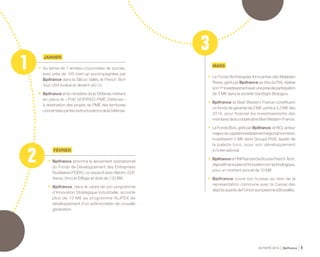 ACTIVITÉ 2014 Bpifrance 9
JANVIER
MARS
FÉVRIER
•	 Au terme de 7 années couronnées de succès,
avec près de 100 start-up accompagnées par
Bpifrance dans la Silicon Valley, le French Tech
Tour USA évolue et devient ubi i /o.
•	 Bpifrance et le ministère de la Défense mettent
en place le « Prêt SOFIRED-PME Défense »
à destination des projets de PME des territoires
concernéesparlesrestructurationsdelaDéfense.
•	 Le Fonds Biothérapies Innovantes des Maladies
Rares, géré par Bpifrance au titre du PIA, réalise
son1erinvestissementavecuneprisedeparticipation
de 3 M€ dans la société GenSight Biologics.
•	 Bpifrance et Best Western France constituent
un fonds de garantie de 2 M€, porté à 3,2 M€ dès
2016, pour financer les investissements des
membres de lacoopérative Best WesternFrance.
•	 LeFondsBois,géréparBpifrance,etNCI,acteur
majeurducapitalinvestissementrégionalnormand,
investissent 5 M€ dans Groupe PGS, leader de
la palette bois, pour son développement
à l’international.
•	 Bpifranceetl’INPIlancentlaBourseFrenchTech,
dispositifdesoutienàl’innovationnontechnologique,
pour un montant annuel de 10 M€.
•	 Bpifrance ouvre son bureau au sein de la
représentation commune avec la Caisse des
dépôtsauprèsdel’UnioneuropéenneàBruxelles.
•	 Bpifrance annonce le lancement opérationnel
du Fonds de Développement des Entreprises
Nucléaires( FDEN ),co-souscritavecAlstom,EDF,
Areva, Vinci et Eiffage et doté de 133 M€.
•	 Bpifrance, dans le cadre de son programme
d’Innovation Stratégique Industrielle, accorde
plus de 10 M€ au programme ALIPEX de
développement d’un antimicrobien de nouvelle
génération.
1
2
3
 