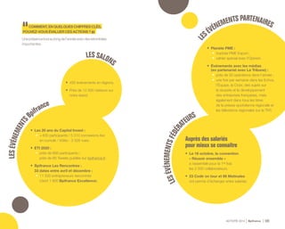 ACTIVITÉ 2014 Bpifrance 131
COMMENT,ENQUELQUESCHIFFRESCLÉS,
POUVEZ-VOUSÉVALUERCESACTIONS?
Uneprésencetoutaulongdel’annéeavecdesretombées
importantes.
•	 450 événements en régions.
•	 Près de 12 000 visiteurs sur
notre stand.
LES SALONS
LESÉVÉNEMENTS
Bpifrance
•	 Les 20 ans du Capital Invest :
•	 + 400 participants  /  5 310 connexions live
en cumulé / Vidéo : 3 328 vues.
•	 ETI 2020 :
•	 près de 600 participants  /
près de 60 Tweets publiés sur bpifrance.fr.
•	 Bpifrance Les Rencontres :
33 dates entre avril et décembre :
•	 11 500 entrepreneurs rencontrés
( dont 1 900 Bpifrance Excellence ).
LE
SÉVÉNEMENTS PARTENAIRES
LESÉVÉNEMENTSFÉDÉRA
TEURS
Auprès des salariés
pour mieux se connaître
•	 Le 16 octobre, la convention
« Réussir ensemble »
a rassemblé pour la 1re fois
les 2 200 collaborateurs.
•	 23 Codir on tour et 66 Matinales
ont permis d'échanger entre salariés.
•	 Planète PME :
•	 trophée PME Export ;
•	 cahier spécial avec l’Opinion.
•	 Événements avec les médias
( en partenariat avec La Tribune ) :
•	 près de 30 opérations dans l’année ;
•	 une fois par semaine dans les Echos,
l’Équipe, la Croix, des sujets sur
la réussite et le développement
des entreprises françaises, mais
également dans tous les titres
de la presse quotidienne régionale et
les télévisions régionales sur la TNT.
 