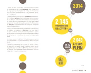 DONT
85 %
DE CADRES
DONT
60 %
RÉSEAU &
SUPPORT
MÉTIER
C’EST
ACTIVITÉ 2014 Bpifrance 145
L’année 2014 a constitué la première année complète
de fonctionnement du groupe Bpifrance, né le 12 juillet 2013
du regroupement des équipes du métier du Financement
( ex - OSÉO ) et de l’Investissement ( ex - CDC Entreprises, ex - FSI,
ex - FSI Régions ).
Outre le processus social spécifique à Bpifrance Investissement,
2014aété,pourBpifrance Financement,uneannéed’harmonisation
de ses véhicules vecteurs de rémunérations avec, notamment,
un nouvel accord d’intéressement qui inclut des critères
environnementaux et la réintroduction, par décret le 29 décembre,
de Bpifrance Financement dans le champ des entreprises
éligibles à la participation.
Fort d’un capital humain riche en compétences et reconnu pour
sa qualité et son engagement, Bpifrance s’est aussi attaché
en 2014 à renforcer, dans toutes ses composantes, la gestion
de ses emplois et compétences et à accompagner la croissance
de l’entreprise par une politique de recrutement toujours plus
active.
Le groupe compte à fin 2014, 2 145 collaborateurs en activité
( CDI ) représentant 2 043 équivalents temps plein ( 1 972 à fin
2013 ).
Cet effectif, constitué à 85 % de cadres, se répartit à hauteur
de plus de 60 % dans le réseau et support métiers, sur 42
implantations qui permettent à Bpifrance d’être un partenaire
de proximité pour l’ensemble de ses partenaires et un acteur
intégré dans le tissu économique local.
(1) CDI.
 