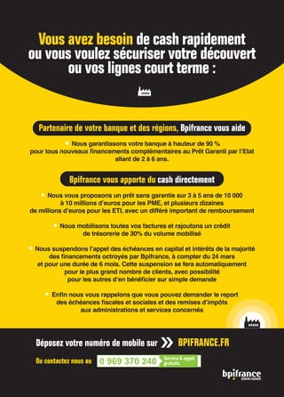 Partenaire de votre banque et des régions, Bpifrance vous aide
Nous garantissons votre banque à hauteur de 90 %
pour tous ...