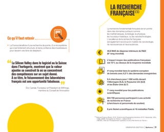 LA RECHERCHE
FRANÇAISE (1)
49,8 Md€ de dépense intérieure de RD
(6e
rang mondial)
L’impact moyen des publications françaises
est 10 % au-dessus de la moyenne mondiale
4e
rang mondial dans le système européen
de brevets avec 6,5 % des demandes enregistrées
9,4 chercheurs pour 1 000 actifs devant
l’Allemagne (9,2), le Royaume-Uni (8,8)
et les États-Unis (8,7)
7e
rang mondial pour les publications
scientifiques
604 700 personnes participent à une activité
de recherche en France
(chercheurs et personnels de soutien)
8 prix Nobel scientifiques et 16 médailles Fields
La recherche fondamentale française est en pointe
dans des domaines porteurs comme
les mathématiques, la biologie, la physique,
les nouveaux matériaux, ou les nanotechnologies.
L’excellence de la recherche française
est également reconnue en matière de cancérologie,
de nanosciences et neurosciences.
(1) 
National Science Board. 2018. Science and Engineering Indicators 2018. Alexandria, VAre.
« DGE, DGRI, l’innovation en France », édition 2016.
« MESRI, L’état de l’Enseignement supérieur et de la Recherche en France ».
La Silicon Valley dans le logiciel ou la Suisse
dans l’horlogerie, montrent que la valeur
ajoutée se construit là où se concentrent
des compétences sur un sujet donné.
À ce titre, le foisonnement des laboratoires
français est une opportunité fabuleuse.
Éric Carreel, Fondateur et Président de Withings,
membre du Conseil de l’Innovation
•	 La France bénéficie d’une recherche de pointe, d’un écosystème
qui s’est fortement structuré, et de la confiance des investisseurs
pour devenir une terre de deeptech.
Ce qu’ilfautretenir
GÉNÉRATION DEEPTECH Bpifrance 31
 