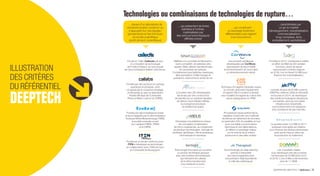 … issues d’un laboratoire de
recherche (public / privé) et / ou
s’appuyant sur une équipe /
gouvernance en lien fort avec
le monde scientifique
(profil clé tech / scientifique)
… qui présentent de fortes
barrières à l’entrée,
matérialisées par
des verrous technologiques
difficiles à lever
Fondé en 1999, Cellectis est issu
d’un transfert de technologie
de l’institut Pasteur, au sein duquel
les deux fondateurs étaient chercheurs.
Fondée par des docteurs en optique
quantique et physique, dont
un passé par le conseil en stratégie,
et démarrée au sein du laboratoire
Kastler Brossel (de l’Université
Pierre et Marie Curie et du CNRS).
Fondée par des investisseurs privés
et accompagnée par le démonstrateur
Toulouse White Biotechnology (TWB),
la société a ensuite ouvert
son capital à l’INRA, l’INSA
et le CNRS.
Fondé par un ancien cadre du privé,
ITEN a développé sa technologie
en collaboration avec l’ENS de Lyon
et l’Université de Bourgogne.
Maîtrise d’un procédé de fabrication,
à prix compétitif, de batteries ultra
rapides. Elles utilisent des électrodes
en nanotubes de carbone.
Contrairement aux batteries classiques,
elles permettent d’allier énergie et
puissance, autonomie et durée de vie.
La lumière des LED développées
est émise par une construction
de nanofils sur un substrat banalisé
de silicium (dont Aledia maîtrise
la croissance) à la place
du traditionnel quartz.
Développe une plateforme unique
de conception et fabrication
de micro-organismes, au croisement
de plusieurs technologies : biologie de
synthèse, génétique, chimie analytique,
informatique et robotique.
Technologie innovante qui combine
un produit de thérapie génique
avec des lunettes biomimétiques
(qui stimulent les cellules
de la rétine transformée)
pour restaurer la vision.
… qui constituent
un avantage fortement
différenciateur par rapport
à la concurrence
… caractérisées par
un go-to-market
(développement, industrialisation,
commercialisation)
long / complexe, donc
probablement capitalistique
Les pompes cardiaques
développées par CorWave
reproduisent de façon fidèle
le fonctionnement du cœur dans
un dimensionnement réduit.
Technique d’imagerie médicale unique
au monde, associant équipement
et logiciel. Elle a vocation à devenir
une modalité d’imagerie au même titre
que la radiographie ou l’IRM.
Processeurs haute performance,
capables d’exécuter une multitude
de tâches de traitement de données
en particulier d’IA, en parallèle, le tout
pour une faible consommation
électrique et une faible latence.
Ils offrent un avantage majeur
sur le marché de la voiture
autonome et des data centers.
Sa technologie de deep learning
permet d’interpréter
les mammographies avec
une précision déjà équivalente
à celle des radiologues.
Fondée en 2010, l’entreprise a réalisé
un effort de R&D de 200 années-
hommes, avant de signer
ses premiers contrats majeurs
en 2018, tout en levant 24 M€ pour
financer son industrialisation.
La levée de plus de 50 M€ a permis
à McPhy, créée en 2008 et introduite
en bourse en 2014, de développer
des solutions hydrogène décarboné
innovantes, ainsi qu’une solide
infrastructure industrielle,
concomitamment à la naissance
et la croissance de ses marchés.
La société a levé 15,5 M€ en 2017,
quelques mois après sa création,
pour financer les études précliniques
ainsi que la mise en place de
la production du traitement.
Les 4 sociétés créées
pour développer ses découvertes
ont levé plus de 50 M€ entre 2012
et 2018. L’une d’elles a été revendue
plus de 1,1 Md$.
ILLUSTRATION
DES CRITÈRES
DU RÉFÉRENTIEL
DEEPTECH
Technologies ou combinaisons de technologies de rupture…
GÉNÉRATION DEEPTECH Bpifrance 3
 