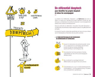 Un référentiel deeptech
pour identifier les projets deeptech
et mieux les accompagner
La création d’un référentiel « Deeptech » par Bpifrance vise donc à
définir un cadre pour identifier les projets deeptech portés par des
startups ou entreprises innovantes et proposer un accompagnement
adapté à leur phase de développement.
Dans la continuité du référentiel « Innovation Nouvelle Génération »,
ceréférentielcaractériselesprojetsdeeptechgrâceàunegrilledelecture
partagée.
Il comporte 4 grands critères (les spécificités de chacun de ces critères
seront développées et illustrées dans la partie suivante).
•	 LE TERME DEEPTECHQUALIFIE DES TECHNOLOGIES
OUCOMBINAISONS DE TECHNOLOGIES
A.Issues d’un laboratoire de recherche (public / privé)
et / ou s’appuyant sur une équipe / gouvernance
en lien fort avec le monde scientifique
(profil scientifique / technologique clé).
B.Qui présentent de fortes barrières à l’entrée,
matérialisées par des verrous technologiques
difficiles à lever.
C.Qui constituent un avantage fortement
différenciateur par rapport à la concurrence.
D.Caractérisées par un go-to-market (développement,
industrialisation, commercialisation) long / complexe
donc probablement capitalistique.
GÉNÉRATION DEEPTECH Bpifrance 43
 