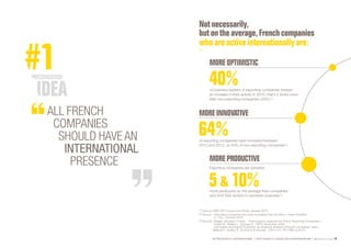 SE PROJETER À L’INTERNATIONAL PETIT GUIDE À L’USAGE DES ENTREPRENEURS Bpifrance Le Lab 47
Not necessarily ,
buton the average,French companies
whoareactiveinternationallyare:
(1) Source: SME 60th Conjuncture Study, January 2015.
(2) Source: « Exporting Companies are more Innovative than the Rest », Insee Première,
n° 1521, October 2014.
(3) Source: « Bigger, Stronger, Further… Performance measures for French Exporting Companies »,
Crozet M., Méjean I., Zignago S., CEPII, November 2008.
« Innovation and export incentives: an empirical analysis of French companies’ data »,
Bellone F., Guillou S., Economy & forecast, 1/2011 ( n° 197-198 ), p.45-61.
of business leaders of exporting companies foresee
an increase in their activity in 2015; that’s 2 times more
than non-exporting companies ( 20% ) (1)
.
MORE OPTIMISTIC
MOREINNOVATIVE
MORE PRODUCTIVE
of exporting companies have innovated between
2010 and 2012, vs 43% of non-exporting companies (2)
.
more productive on the average than companies
who limit their activity to domestic business (3)
.
Exporting companies are between
ALL FRENCH
COMPANIES
SHOULD HAVE AN
INTERNATIONAL
PRESENCE
 