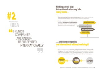 SE PROJETER À L’INTERNATIONAL PETIT GUIDE À L’USAGE DES ENTREPRENEURS Bpifrance Le Lab 49
Nothing provesthis:
internationalization may take
manyforms…
•	 Even participating in international trade fairs or importing can be a first step
towards internationalization and can boost a company’s performance.
•	 Certain means of internationalization can be
lessvisible,includingintra-groupmovement
or indirect export, notwithstanding their
growing influence in worldwide trade.
…and some companies
areinternationalwithoutrealizingit!
•	 Many companies propose products and /or services that are subsequently
integrated into exported goods. This outward-facing integration in the value
chain can be considered a form of internationalization. For example, this is the
case for sub-agents in manufacturing, a field traditionally inclined to export.
FRENCH
COMPANIES
ARE UNDER-
REPRESENTED
INTERNATIONALLY
INTERNATIONALIZATION
INDIRECT EXPORT
INTERNATIONALTRADE FAIRS
INTRA-GROUPMOVEMENT
 