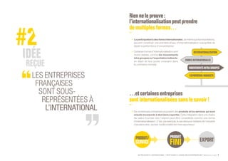 SE PROJETER À L’INTERNATIONAL PETIT GUIDE À L’USAGE DES ENTREPRENEURS Bpifrance Le Lab 7
Rienne le prouve :
l’internationalisation peutprendre
de multiplesformes…
•	 La participation à des foires internationales, de même que les importations,
peuvent constituer une première phase d’internationalisation susceptible de
doper la performance d’une entreprise.
•	 Certaines formes d’internationalisation sont
moins visibles, comme les mouvements
intra groupes ou l’exportation indirecte,
en dépit de leur poids croissant dans
le commerce mondial.
…etcertainesentreprises
sontinternationaliséessanslesavoir!
•	 De nombreuses entreprises proposent des produits et /ou services qui sont
ensuite incorporés à des biens exportés. Cette intégration dans une chaîne
de valeur tournée vers l’export peut être considérée comme une forme
d’internationalisation. C’est, par exemple, le cas des sous-traitants de l’industrie
manufacturière, secteur traditionnellement très exportateur.
LES ENTREPRISES
FRANÇAISES
SONT SOUS-
REPRÉSENTÉES À
L’INTERNATIONAL
INTERNATIONALISATION
EXPORTATIONINDIRECTE
FOIRESINTERNATIONALES
MOUVEMENTSINTRAGROUPES
 