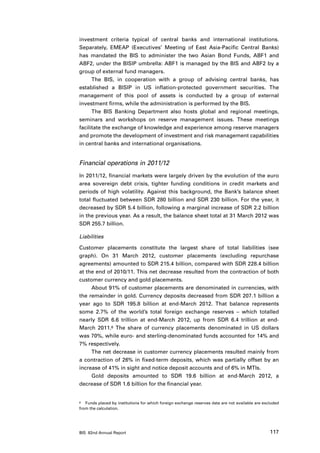 investment criteria typical of central banks and international institutions.
Separately, EMEAP (Executives’ Meeting of East Asia-Pacific Central Banks)
has mandated the BIS to administer the two Asian Bond Funds, ABF1 and
ABF2, under the BISIP umbrella: ABF1 is managed by the BIS and ABF2 by a
group of external fund managers.
      The BIS, in cooperation with a group of advising central banks, has
established a BISIP in US inflation-protected government securities. The
management of this pool of assets is conducted by a group of external
investment firms, while the administration is performed by the BIS.
      The BIS Banking Department also hosts global and regional meetings,
seminars and workshops on reserve management issues. These meetings
facilitate the exchange of knowledge and experience among reserve managers
and promote the development of investment and risk management capabilities
in central banks and international organisations.


Financial operations in 2011/12
In 2011/12, financial markets were largely driven by the evolution of the euro
area sovereign debt crisis, tighter funding conditions in credit markets and
periods of high volatility. Against this background, the Bank’s balance sheet
total fluctuated between SDR 280 billion and SDR 230 billion. For the year, it
decreased by SDR 5.4 billion, following a marginal increase of SDR 2.2 billion
in the previous year. As a result, the balance sheet total at 31 March 2012 was
SDR 255.7 billion.

Liabilities

Customer placements constitute the largest share of total liabilities (see
graph). On 31 March 2012, customer placements (excluding repurchase
agreements) amounted to SDR 215.4 billion, compared with SDR 228.4 billion
at the end of 2010/11. This net decrease resulted from the contraction of both
customer currency and gold placements.
     About 91% of customer placements are denominated in currencies, with
the remainder in gold. Currency deposits decreased from SDR 207.1 billion a
year ago to SDR 195.8 billion at end-March 2012. That balance represents
some 2.7% of the world’s total foreign exchange reserves – which totalled
nearly SDR 6.6 trillion at end-March 2012, up from SDR 6.4 trillion at end-
March 2011.6 The share of currency placements denominated in US dollars
was 70%, while euro- and sterling-denominated funds accounted for 14% and
7% respectively.
     The net decrease in customer currency placements resulted mainly from
a contraction of 26% in fixed-term deposits, which was partially offset by an
increase of 41% in sight and notice deposit accounts and of 6% in MTIs.
     Gold deposits amounted to SDR 19.6 billion at end-March 2012, a
decrease of SDR 1.6 billion for the financial year.


6	 Funds placed by institutions for which foreign exchange reserves data are not available are excluded

from the calculation.




BIS 82nd Annual Report                                                                            117
 