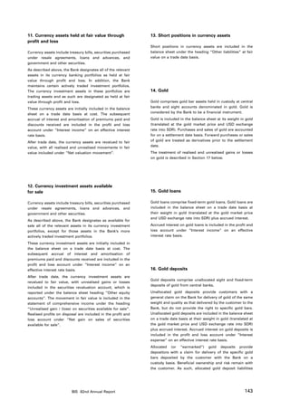 11. Currency assets held at fair value through                 13. Short positions in currency assets
profit and loss
                                                               Short positions in currency assets are included in the
Currency assets include treasury bills, securities purchased   balance sheet under the heading “Other liabilities” at fair
under resale agreements, loans and advances, and               value on a trade date basis.
government and other securities.
As described above, the Bank designates all of the relevant
assets in its currency banking portfolios as held at fair
value through profit and loss. In addition, the Bank
maintains certain actively traded investment portfolios.
The currency investment assets in these portfolios are         14. Gold
trading assets and as such are designated as held at fair
value through profit and loss.                                 Gold comprises gold bar assets held in custody at central
These currency assets are initially included in the balance    banks and sight accounts denominated in gold. Gold is
sheet on a trade date basis at cost. The subsequent            considered by the Bank to be a financial instrument.
accrual of interest and amortisation of premiums paid and      Gold is included in the balance sheet at its weight in gold
discounts received are included in the profit and loss         (translated at the gold market price and USD exchange
account under “Interest income” on an effective interest       rate into SDR). Purchases and sales of gold are accounted
rate basis.                                                    for on a settlement date basis. Forward purchases or sales
After trade date, the currency assets are revalued to fair     of gold are treated as derivatives prior to the settlement
value, with all realised and unrealised movements in fair      date.
value included under “Net valuation movement”.                 The treatment of realised and unrealised gains or losses
                                                               on gold is described in Section 17 below.




12. Currency investment assets available
for sale                                                       15. Gold loans

Currency assets include treasury bills, securities purchased   Gold loans comprise fixed-term gold loans. Gold loans are
under resale agreements, loans and advances, and               included in the balance sheet on a trade date basis at
government and other securities.                               their weight in gold (translated at the gold market price
                                                               and USD exchange rate into SDR) plus accrued interest.
As described above, the Bank designates as available for
sale all of the relevant assets in its currency investment     Accrued interest on gold loans is included in the profit and
portfolios, except for those assets in the Bank’s more         loss account under “Interest income” on an effective
actively traded investment portfolios.                         interest rate basis.

These currency investment assets are initially included in
the balance sheet on a trade date basis at cost. The
subsequent accrual of interest and amortisation of
premiums paid and discounts received are included in the
profit and loss account under “Interest income” on an
effective interest rate basis.                                 16. Gold deposits
After trade date, the currency investment assets are
                                                               Gold deposits comprise unallocated sight and fixed-term
revalued to fair value, with unrealised gains or losses
                                                               deposits of gold from central banks.
included in the securities revaluation account, which is
reported under the balance sheet heading “Other equity         Unallocated gold deposits provide customers with a
accounts”. The movement in fair value is included in the       general claim on the Bank for delivery of gold of the same
statement of comprehensive income under the heading            weight and quality as that delivered by the customer to the
“Unrealised gain / (loss) on securities available for sale”.   Bank, but do not provide the right to specific gold bars.
Realised profits on disposal are included in the profit and    Unallocated gold deposits are included in the balance sheet
loss account under “Net gain on sales of securities            on a trade date basis at their weight in gold (translated at
available for sale”.                                           the gold market price and USD exchange rate into SDR)
                                                               plus accrued interest. Accrued interest on gold deposits is
                                                               included in the profit and loss account under “Interest
                                                               expense” on an effective interest rate basis.
                                                               Allocated (or “earmarked”) gold deposits provide
                                                               depositors with a claim for delivery of the specific gold
                                                               bars deposited by the customer with the Bank on a
                                                               custody basis. Beneficial ownership and risk remain with
                                                               the customer. As such, allocated gold deposit liabilities




                         BIS 82nd Annual Report                                                                       143
 