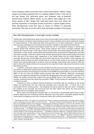 most emerging market economies were inside central banks’ inflation target
ranges and markets expected them to moderate slightly further in the rest of
the year (Graph IV.9, right-hand panel, dot). However, risks of potential
second-round inflation effects remain, as unit labour costs edged up in the
fourth quarter of 2011 (Graph IV.9, right-hand panel, blue line). Given the
growing importance of emerging market economies in global supply chains,
these developments could also have an impact on inflation in advanced
economies. That said, as of early 2012, price and wage increases in this group



 Box IV.B: Developments in overnight money markets

 Traditionally, central banks have relied on the unsecured overnight money market to implement monetary
 policy. However, the balance sheet policies pursued in many jurisdictions have led to substantial changes
 in market dynamics. To the extent that these new dynamics are not well understood or self-reversing,
 they may pose challenges for the eventual exit and lead to changes in the operational frameworks.
        The expansion of central bank balance sheets has led to a substantial increase in central bank
 reserves (Graph IV.B, left-hand panel). These excess reserves have driven overnight interbank rates
 towards their lower bounds, ie the rates at which central banks remunerate deposits (Graph IV.B, right-
 hand panel). In other words, central banks have abandoned their usual practice of keeping the overnight
 rate close to a target – often the midpoint of the corridor spanned by the rates at which banks can borrow
 from and lend to the central bank, respectively. In the United States and the United Kingdom, the
 overnight rate has even moved below the rate at which reserves are remunerated. In both instances, the
 overnight market includes non-bank entities that do not have direct access to the central bank deposit
 facility. Such market segmentation, as well as limits to arbitrage, allows banks (with access) to offer low
 bids for funds from these entities and consequently drive reported market rates below the rate the central
 bank offers to banks.
        In addition, unsecured market volumes are falling as banks have less need to borrow reserves from
 one another to offset daily liquidity shocks (Graph IV.B., centre panel). For example, in the United Kingdom
 the unsecured trading volumes that form the basis for the SONIA fixing have fallen by more than half since
 2008. In the euro area, the EONIA trading volumes have fallen similarly. Moreover, counterparty
 concerns and regulatory changes have increased the attractiveness of secured markets. In contrast to the
 SONIA, the trading volumes that underlie the secured RONIA fixing in the United Kingdom have, on
 average, remained around the levels that prevailed in 2008. Similar trends are reportedly seen in other
 jurisdictions as well.
        Furthermore, there is evidence that the dynamics of overnight rates are changing. In the United
 States, the pass-through from the unsecured overnight rate to secured rates – a crucial link in the
 transmission of the monetary policy – has weakened during the period of near zero rates. In Sweden,
 the volatility of the overnight rate (tomorrow-next) has been higher than before the crisis since the
 Riksbank’s exit from its balance sheet policies.
        With a view to controlling the overnight rate in an exit scenario, central banks need to have in place
 properly tested tools for controlling reserves. Moreover, they may need to reconsider whether the pre-
 crisis practice of targeting a short-term unsecured market rate is still the most effective.

    See M Bech and E Klee, “The mechanics of a graceful exit: interest on reserves and segmentation in the federal funds market”,
 Journal of Monetary Economics, 58(5), July 2011, pp 415–31.  See Bank of England, Quarterly Bulletin, 2011 Q2. The SONIA
 fixing is the weighted average of all unsecured overnight sterling transactions brokered in London by the members of the
 Wholesale Markets Brokers’ Association (WMBA).  The EONIA (Euro OverNight Index Average) is computed as a weighted
 average of all overnight unsecured lending transactions undertaken in the interbank market, initiated within the euro area by
 contributing banks.  The RONIA fixing is the weighted average interest rate of all secured (ie repo) sterling overnight cash
 transactions conducted via brokers using CREST’s delivery-by-value mechanism, a way of borrowing sterling cash against gilt
 collateral. CREST is a UK central securities depository.  See M Bech, E Klee and V Stebunovs, “Arbitrage, liquidity and exit: the
 repo and federal funds markets before, during, and emerging from the financial crisis”, Federal Reserve Board Finance and
 Economics Discussion Series, 2012–21.  See P Sellin and P Sommar, “The Riksbank’s operational framework for the
 implementation of monetary policy – a review”, Sveriges Riksbank Economic Review, 2012:2.  See eg the welcome address by
 Jürgen Stark at the ECB Workshop on “The post-crisis design of the operational framework for the implementation of monetary
 policy”, Frankfurt, 10 October 2011.




46                                                                              BIS 82nd Annual Report
 