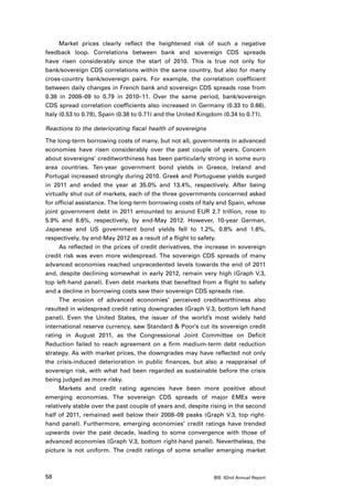 Market prices clearly reflect the heightened risk of such a negative
feedback loop. Correlations between bank and sovereign CDS spreads
have risen considerably since the start of 2010. This is true not only for
bank/sovereign CDS correlations within the same country, but also for many
cross-country bank/sovereign pairs. For example, the correlation coefficient
between daily changes in French bank and sovereign CDS spreads rose from
0.38 in 2008–09 to 0.79 in 2010–11. Over the same period, bank/sovereign
CDS spread correlation coefficients also increased in Germany (0.33 to 0.66),
Italy (0.53 to 0.78), Spain (0.38 to 0.71) and the United Kingdom (0.34 to 0.71).

Reactions to the deteriorating fiscal health of sovereigns

The long-term borrowing costs of many, but not all, governments in advanced
economies have risen considerably over the past couple of years. Concern
about sovereigns’ creditworthiness has been particularly strong in some euro
area countries. Ten-year government bond yields in Greece, Ireland and
Portugal increased strongly during 2010. Greek and Portuguese yields surged
in 2011 and ended the year at 35.0% and 13.4%, respectively. After being
virtually shut out of markets, each of the three governments concerned asked
for official assistance. The long-term borrowing costs of Italy and Spain, whose
joint government debt in 2011 amounted to around EUR 2.7 trillion, rose to
5.9% and 6.6%, respectively, by end-May 2012. However, 10-year German,
Japanese and US government bond yields fell to 1.2%, 0.8% and 1.6%,
respectively, by end-May 2012 as a result of a flight to safety.
      As reflected in the prices of credit derivatives, the increase in sovereign
credit risk was even more widespread. The sovereign CDS spreads of many
advanced economies reached unprecedented levels towards the end of 2011
and, despite declining somewhat in early 2012, remain very high (Graph V.3,
top left-hand panel). Even debt markets that benefited from a flight to safety
and a decline in borrowing costs saw their sovereign CDS spreads rise.
      The erosion of advanced economies’ perceived creditworthiness also
resulted in widespread credit rating downgrades (Graph V.3, bottom left-hand
panel). Even the United States, the issuer of the world’s most widely held
international reserve currency, saw Standard  Poor’s cut its sovereign credit
rating in August 2011, as the Congressional Joint Committee on Deficit
Reduction failed to reach agreement on a firm medium-term debt reduction
strategy. As with market prices, the downgrades may have reflected not only
the crisis-induced deterioration in public finances, but also a reappraisal of
sovereign risk, with what had been regarded as sustainable before the crisis
being judged as more risky.
      Markets and credit rating agencies have been more positive about
emerging economies. The sovereign CDS spreads of major EMEs were
relatively stable over the past couple of years and, despite rising in the second
half of 2011, remained well below their 2008–09 peaks (Graph V.3, top right-
hand panel). Furthermore, emerging economies’ credit ratings have trended
upwards over the past decade, leading to some convergence with those of
advanced economies (Graph V.3, bottom right-hand panel). Nevertheless, the
picture is not uniform. The credit ratings of some smaller emerging market



58                                                           BIS 82nd Annual Report
 