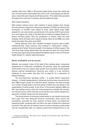 markets. Data since 1990 on 50 actively traded banks reveal that raising the
ratio of total equity to total assets from 2.5% to 5%, while keeping all else the
same, lowers the cost of equity by 80 basis points.1 This relationship persisted
throughout the crisis and, if anything, became slightly stronger.

Debt market valuations

Debt market investors concur with investors in equity markets. Even though
the extraordinary longer-term refinancing operations (LTROs) launched by the
Eurosystem at end-2011 have helped to lower credit default swap (CDS)
spreads for euro area lenders, spread levels in the spring of 2012 were similar
to or even higher than those in the aftermath of Lehman’s collapse (Graph VI.1,
bottom left-hand panel). Only the perceptions of relative credit risk have
changed: while US banks were viewed as being riskier at end-2008, euro area
banks have taken their place since 2010.
     Rating agencies have also indicated increased concerns about banks’
creditworthiness. These concerns have surfaced in “stand-alone” ratings –
assessments of banks’ financial strength in the absence of official support. Not
only have these ratings deteriorated over the past five years for many banks,
but they also signal the growing disparities between banks in terms of financial
health (Graph VI.1, bottom right-hand panel).


Banks’ profitability and its sources
Markets’ and analysts’ views of the state of the banking sector incorporate
assessments of institutions’ profitability. Of particular value are sustainable
profit streams that can support asset growth, thus providing a shield against
adverse external developments. Securing such profits is a key near-term
challenge for many banks. (See Box VI.A on page 67, for a discussion of
shadow banking.)
     The pre-impairment operating profits – ie profits before impairment
charges – of banks headquartered in advanced countries have recovered from
their 2008 troughs (Graph VI.2, left-hand panel). However, the weak earnings
of a number of large banks in the first quarter of 2012 have cast doubt on the
sustainability of profit growth. A key driver of the growth between 2009 and
2011 was trading income, which the crisis exposed as unreliable. By contrast,
net interest income, which had held up during the crisis, barely changed as a
proportion of banks’ assets over the same period.
     The strong reliance of emerging market banks on net interest income sets
them apart from their advanced economy counterparts. Such income has
consistently accounted for three quarters of these banks’ pre-impairment
operating profits, compared with one half in the case of banks from advanced
countries. That said, the net interest income of some emerging market banks
may be unsustainably high. For instance, government-imposed floors on net



1	 J Yang and K Tsatsaronis, “Bank stock returns, leverage and the business cycle”, BIS Quarterly

Review, March 2012, pp 45–59.




66                                                                        BIS 82nd Annual Report
 