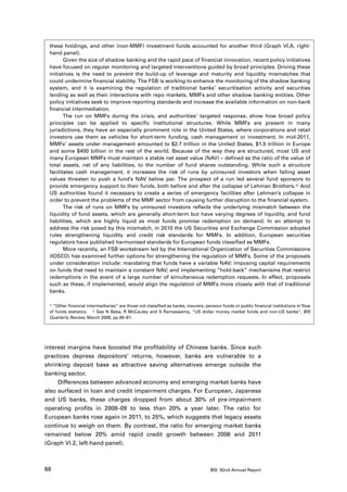 these holdings, and other (non-MMF) investment funds accounted for another third (Graph VI.A, right-
 hand panel).
        Given the size of shadow banking and the rapid pace of financial innovation, recent policy initiatives
 have focused on regular monitoring and targeted interventions guided by broad principles. Driving these
 initiatives is the need to prevent the build-up of leverage and maturity and liquidity mismatches that
 could undermine financial stability. The FSB is working to enhance the monitoring of the shadow banking
 system, and it is examining the regulation of traditional banks’ securitisation activity and securities
 lending as well as their interactions with repo markets, MMFs and other shadow banking entities. Other
 policy initiatives seek to improve reporting standards and increase the available information on non-bank
 financial intermediation.
        The run on MMFs during the crisis, and authorities’ targeted response, show how broad policy
 principles can be applied to specific institutional structures. While MMFs are present in many
 jurisdictions, they have an especially prominent role in the United States, where corporations and retail
 investors use them as vehicles for short-term funding, cash management or investment. In mid-2011,
 MMFs’ assets under management amounted to $2.7 trillion in the United States, $1.5 trillion in Europe
 and some $400 billion in the rest of the world. Because of the way they are structured, most US and
 many European MMFs must maintain a stable net asset value (NAV) – defined as the ratio of the value of
 total assets, net of any liabilities, to the number of fund shares outstanding. While such a structure
 facilitates cash management, it increases the risk of runs by uninsured investors when falling asset
 values threaten to push a fund’s NAV below par. The prospect of a run led several fund sponsors to
 provide emergency support to their funds, both before and after the collapse of Lehman Brothers. And
 US authorities found it necessary to create a series of emergency facilities after Lehman’s collapse in
 order to prevent the problems of the MMF sector from causing further disruption to the financial system.
        The risk of runs on MMFs by uninsured investors reflects the underlying mismatch between the
 liquidity of fund assets, which are generally short-term but have varying degrees of liquidity, and fund
 liabilities, which are highly liquid as most funds promise redemption on demand. In an attempt to
 address the risk posed by this mismatch, in 2010 the US Securities and Exchange Commission adopted
 rules strengthening liquidity and credit risk standards for MMFs. In addition, European securities
 regulators have published harmonised standards for European funds classified as MMFs.
        More recently, an FSB workstream led by the International Organization of Securities Commissions
 (IOSCO) has examined further options for strengthening the regulation of MMFs. Some of the proposals
 under consideration include: mandating that funds have a variable NAV; imposing capital requirements
 on funds that need to maintain a constant NAV; and implementing “hold-back” mechanisms that restrict
 redemptions in the event of a large number of simultaneous redemption requests. In effect, proposals
 such as these, if implemented, would align the regulation of MMFs more closely with that of traditional
 banks.

  “Other financial intermediaries” are those not classified as banks, insurers, pension funds or public financial institutions in flow

 of funds statistics.  See N Baba, R McCauley and S Ramaswamy, “US dollar money market funds and non-US banks”, BIS
 Quarterly Review, March 2009, pp 65–81.




interest margins have boosted the profitability of Chinese banks. Since such
practices depress depositors’ returns, however, banks are vulnerable to a
shrinking deposit base as attractive saving alternatives emerge outside the
banking sector.
     Differences between advanced economy and emerging market banks have
also surfaced in loan and credit impairment charges. For European, Japanese
and US banks, these charges dropped from about 30% of pre-impairment
operating profits in 2008–09 to less than 20% a year later. The ratio for
European banks rose again in 2011, to 25%, which suggests that legacy assets
continue to weigh on them. By contrast, the ratio for emerging market banks
remained below 20% amid rapid credit growth between 2006 and 2011
(Graph VI.2, left-hand panel).



68                                                                                 BIS 82nd Annual Report
 
