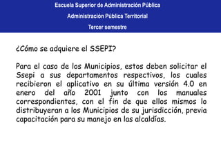 Escuela Superior de Administración PúblicaAdministración Pública TerritorialTercer semestre Las interfaces de usuario están organizadas en tres Subsistemas:1) Programación y seguimiento que se divide a su vez en componentes de acuerdo con las etapas del ciclo del proyecto. 2) Clasificadores que captura la información referente a planes, programas, subprogramas de los planes de desarrollo, programas y subprogramas de entidades cofinanciadoras, topologías de proyecto, de contratación, indicadores, productos, actividades, entidades metodologías y unidades de medida.