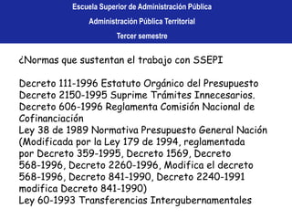 Escuela Superior de Administración PúblicaAdministración Pública TerritorialTercer semestre ¿Cómo se adquiere el SSEPI?Para el caso de los Municipios, estos deben solicitar el Ssepi a sus departamentos respectivos, los cuales recibieron el aplicativo en su última versión 4.0 en enero del año 2001 junto con los manuales correspondientes, con el fin de que ellos mismos lo distribuyeran a los Municipios de su jurisdicción, previa capacitación para su manejo en las alcaldías.