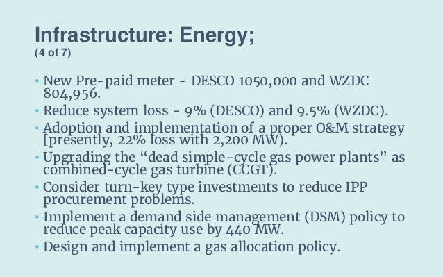 Infrastructure: Energy;
(4 of 7)
• New Pre-paid meter - DESCO 1050,000 and WZDC
804,956.
• Reduce system loss - 9% (DESCO)...