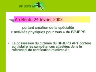 BP JEPS APTArrêté du 24 février 2003 portant création de la spécialité « activités physiques pour tous » du BPJEPSLa possession du diplôme du BPJEPS APT confère au titulaire les compétences attestées dans le référentiel de certification relatives à :